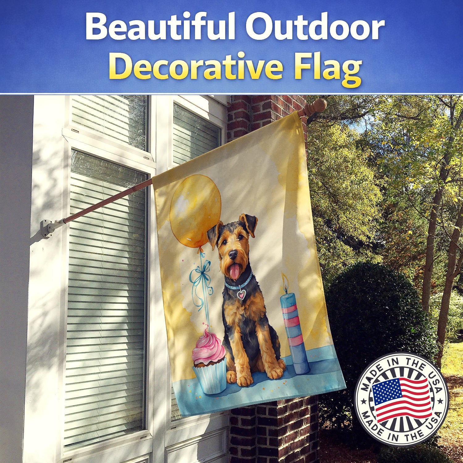 Airedale Terrier Happy Birthday House Flag 28x40 Porch Sleeve Pole Decorative Outside Yard Banner Artwork Wall Hanging, Polyester