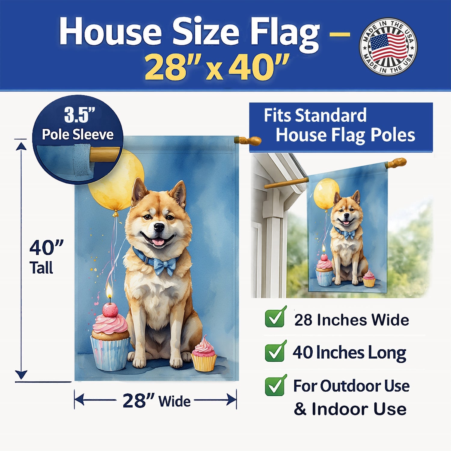 Akita Happy Birthday House Flag 28x40 Porch Sleeve Pole Decorative Outside Yard Banner Artwork Wall Hanging, Polyester