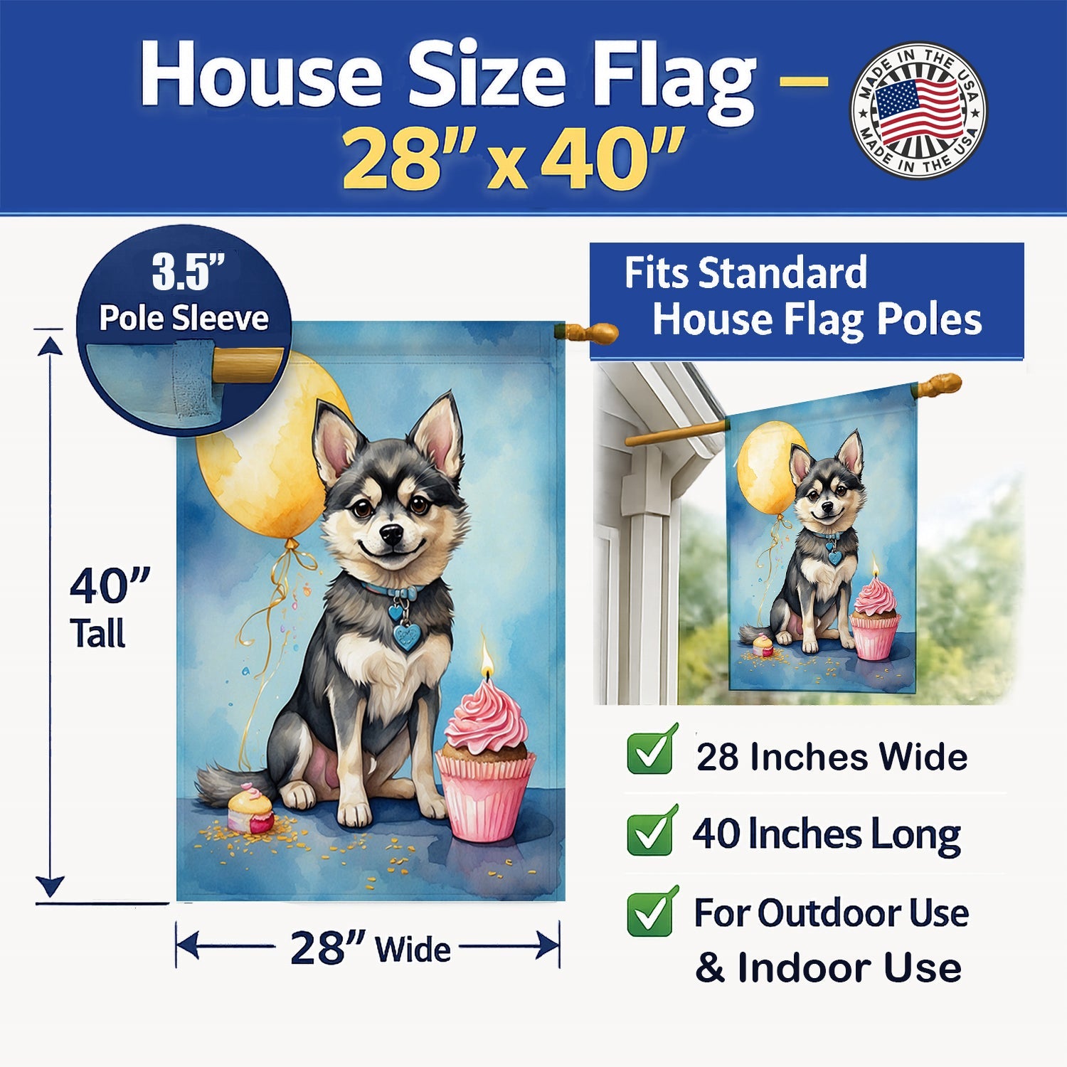 Alaskan Klee Kai Happy Birthday House Flag 28x40 Porch Sleeve Pole Decorative Outside Yard Banner Artwork Wall Hanging, Polyester