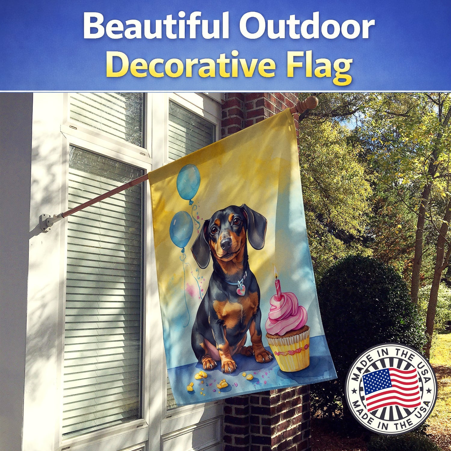 Dachshund Happy Birthday House Flag 28x40 Porch Sleeve Pole Decorative Outside Yard Banner Artwork Wall Hanging, Polyester