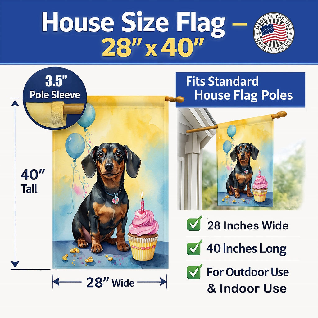 Dachshund Happy Birthday House Flag 28x40 Porch Sleeve Pole Decorative Outside Yard Banner Artwork Wall Hanging, Polyester