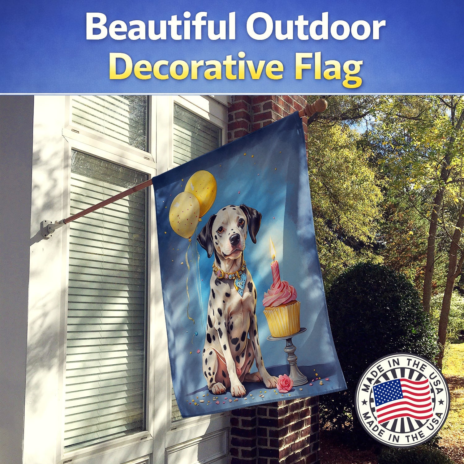 Dalmatian Happy Birthday House Flag 28x40 Porch Sleeve Pole Decorative Outside Yard Banner Artwork Wall Hanging, Polyester