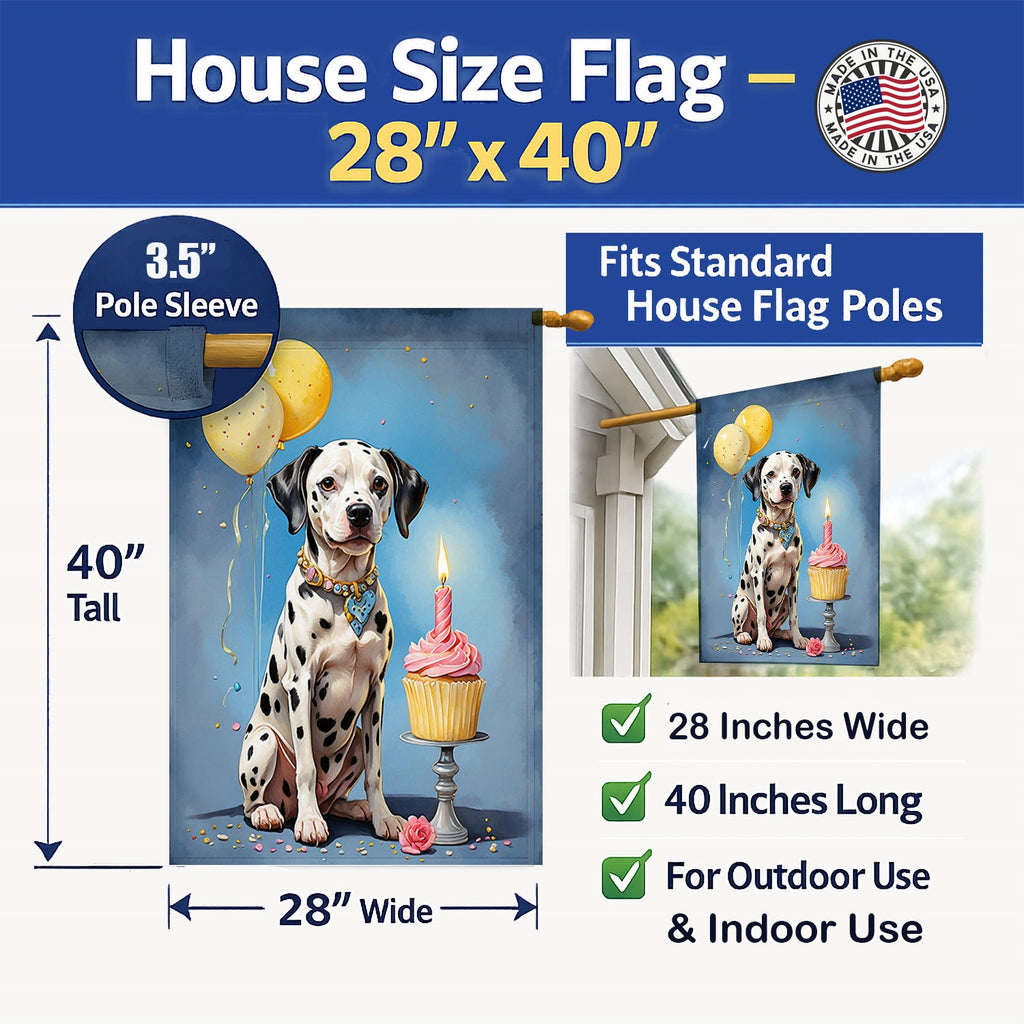 Dalmatian Happy Birthday House Flag 28x40 Porch Sleeve Pole Decorative Outside Yard Banner Artwork Wall Hanging, Polyester