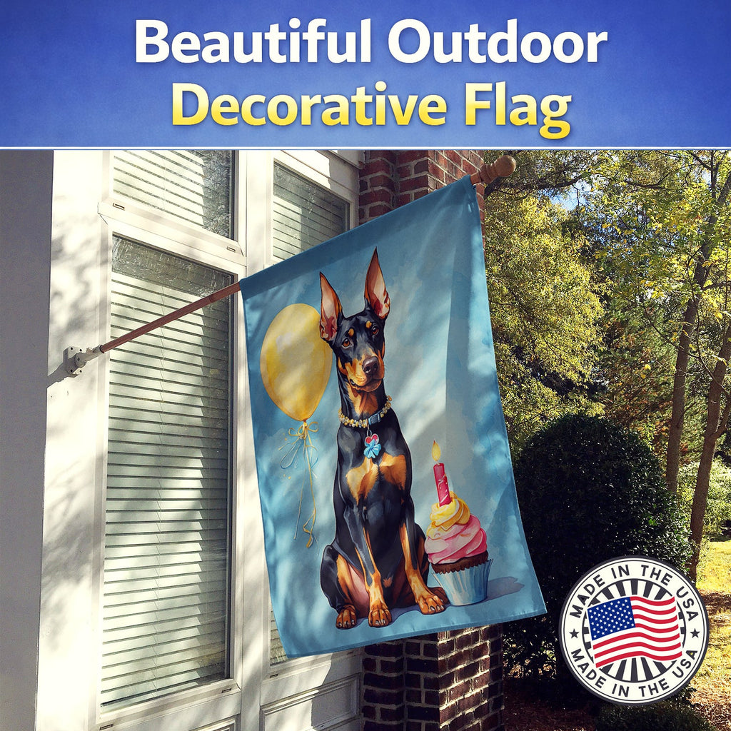 Doberman Pinscher Happy Birthday House Flag 28x40 Porch Sleeve Pole Decorative Outside Yard Banner Artwork Wall Hanging, Polyester