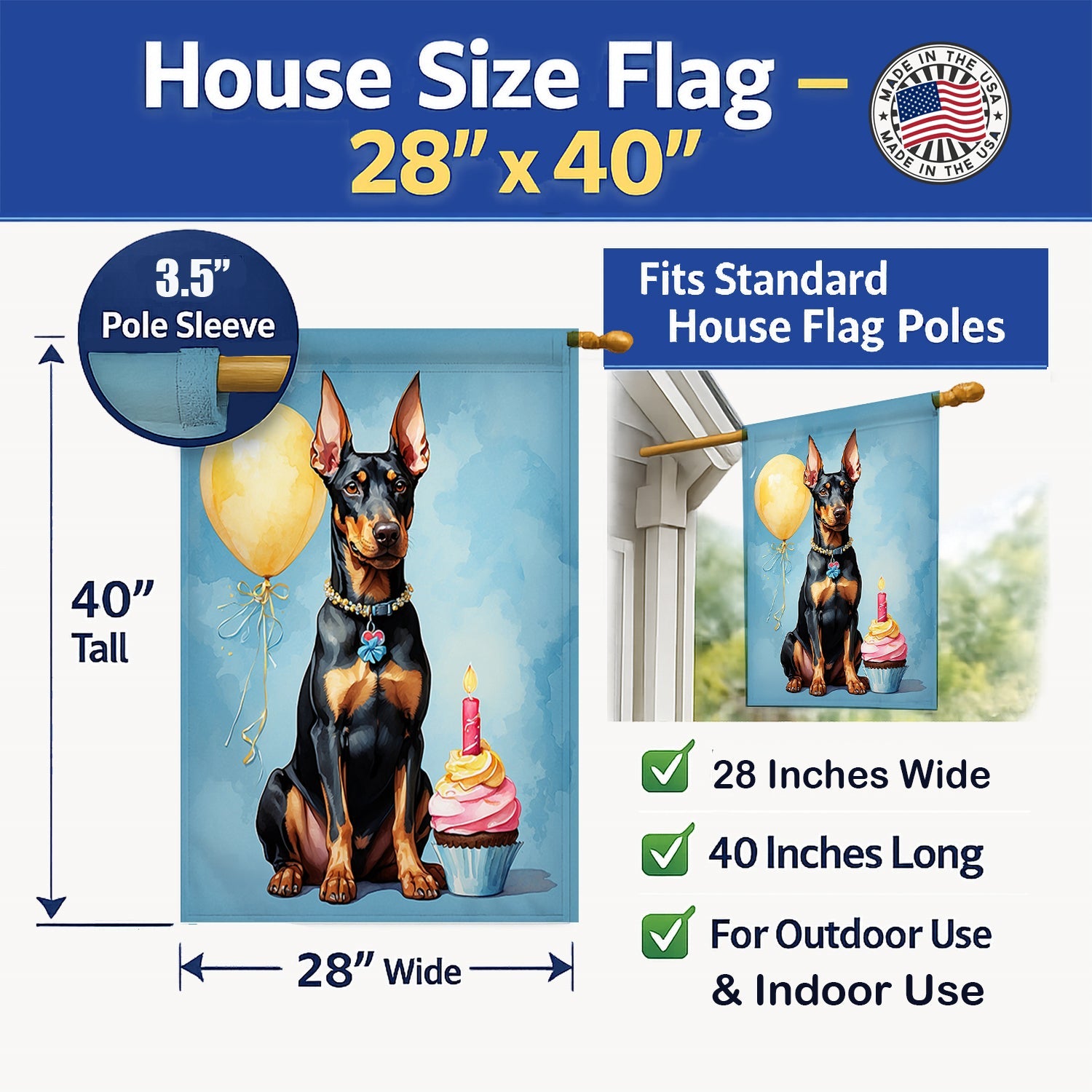 Doberman Pinscher Happy Birthday House Flag 28x40 Porch Sleeve Pole Decorative Outside Yard Banner Artwork Wall Hanging, Polyester