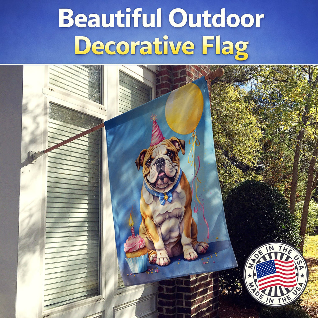 English Bulldog Happy Birthday House Flag 28x40 Porch Sleeve Pole Decorative Outside Yard Banner Artwork Wall Hanging, Polyester