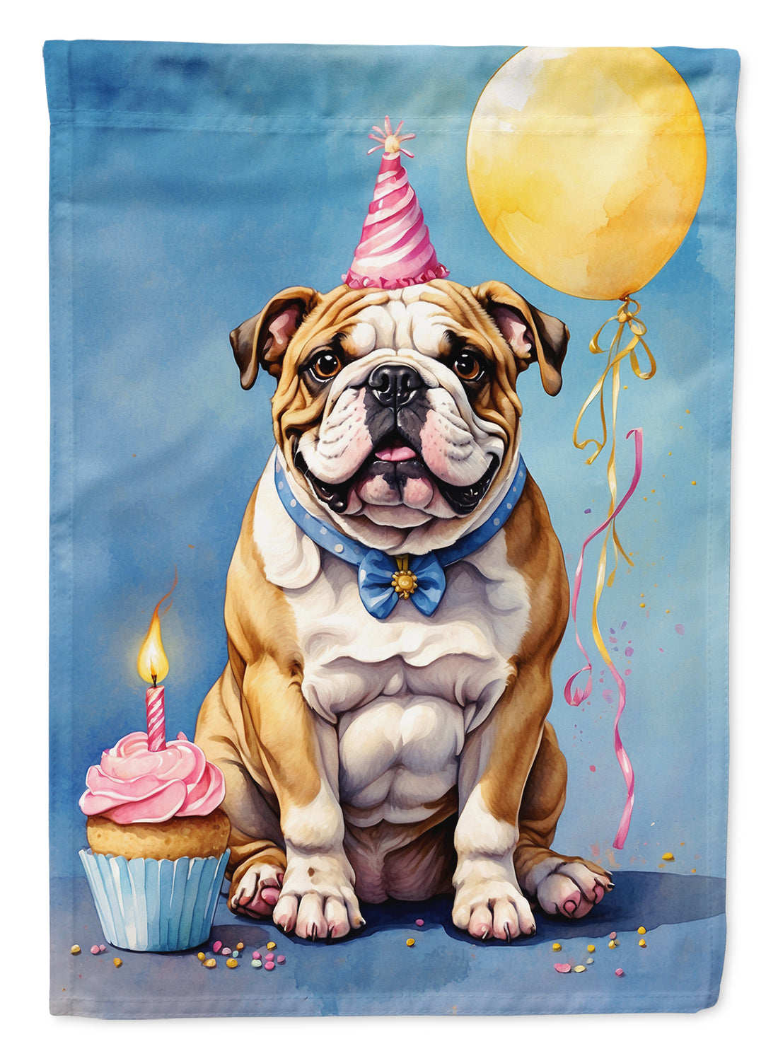 English Bulldog Happy Birthday House Flag 28x40 Porch Sleeve Pole Decorative Outside Yard Banner Artwork Wall Hanging, Polyester