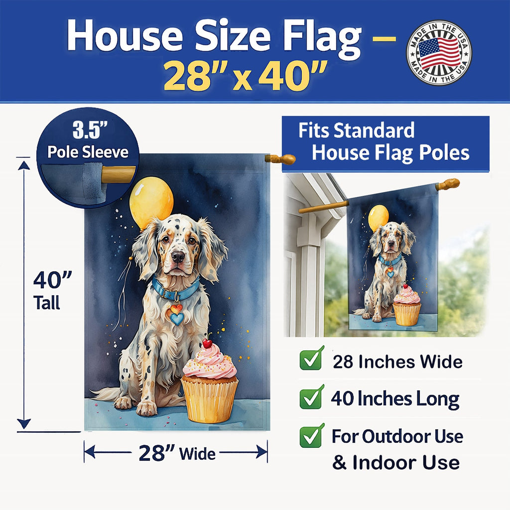 English Setter Happy Birthday House Flag 28x40 Porch Sleeve Pole Decorative Outside Yard Banner Artwork Wall Hanging, Polyester