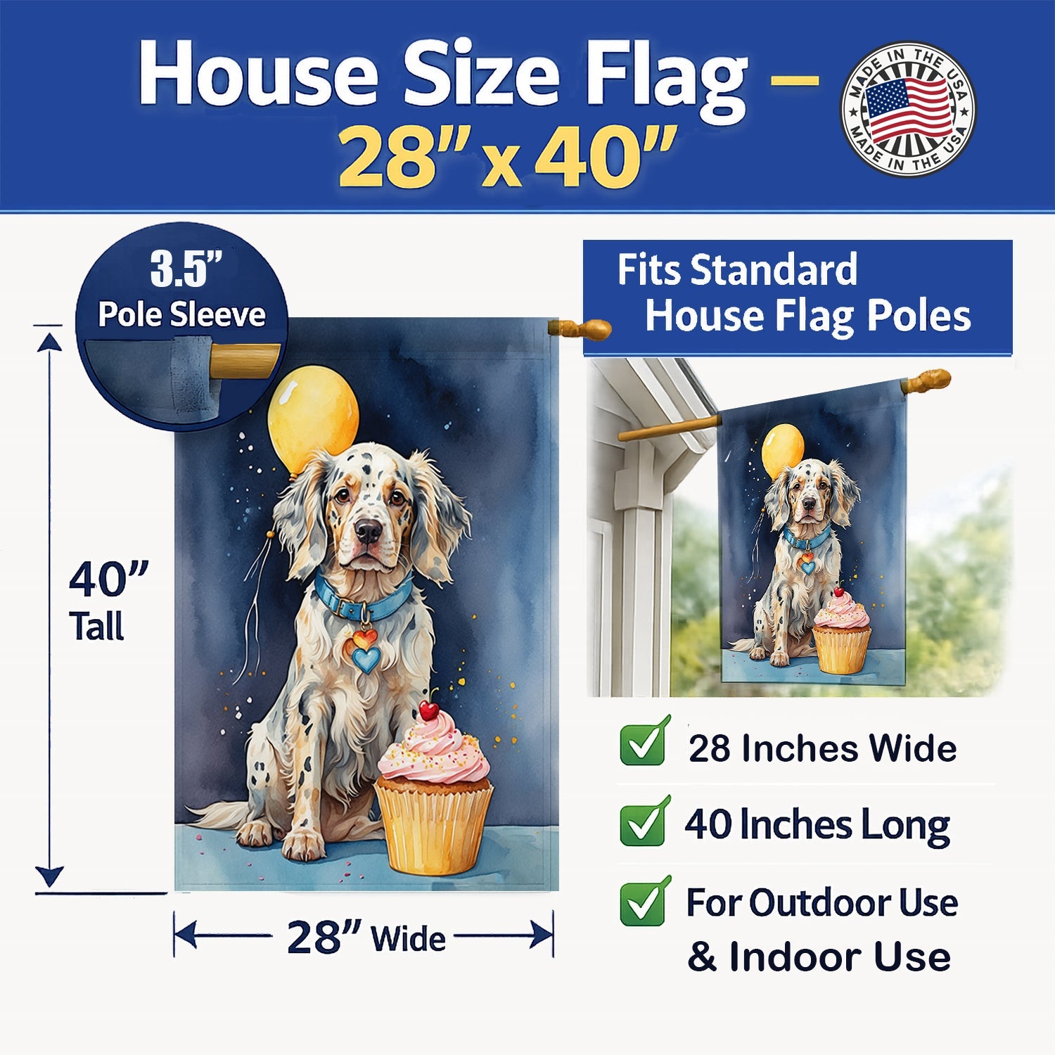 English Setter Happy Birthday House Flag 28x40 Porch Sleeve Pole Decorative Outside Yard Banner Artwork Wall Hanging, Polyester