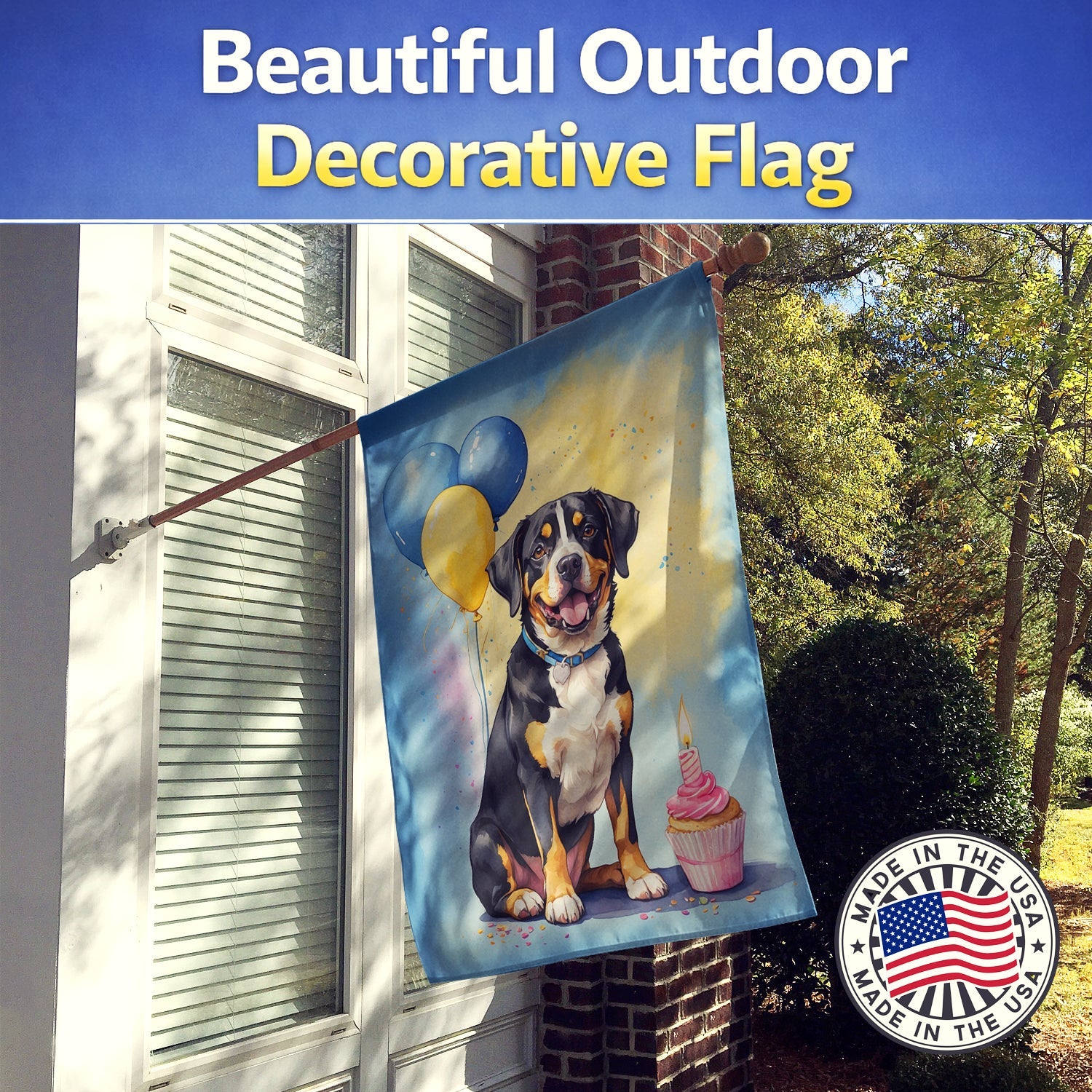 Entlebucher Mountain Dog Happy Birthday House Flag 28x40 Porch Sleeve Pole Decorative Outside Yard Banner Artwork Wall Hanging, Polyester