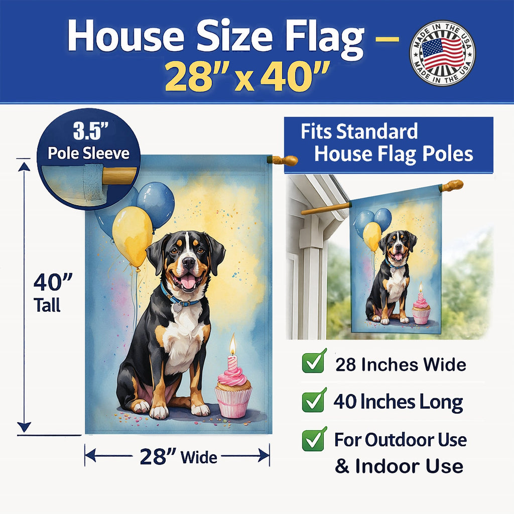 Entlebucher Mountain Dog Happy Birthday House Flag 28x40 Porch Sleeve Pole Decorative Outside Yard Banner Artwork Wall Hanging, Polyester