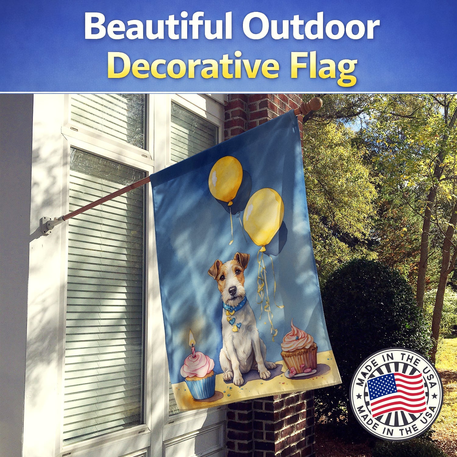 Fox Terrier Happy Birthday House Flag 28x40 Porch Sleeve Pole Decorative Outside Yard Banner Artwork Wall Hanging, Polyester