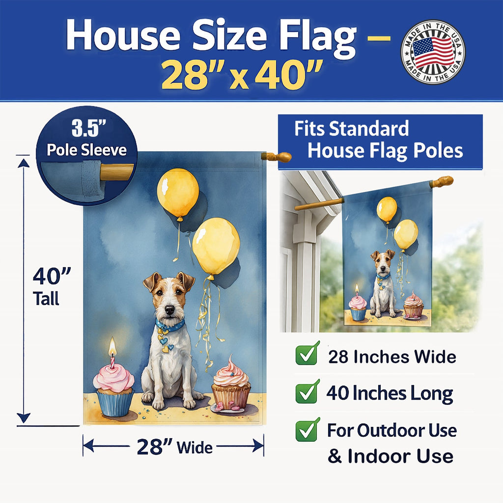 Fox Terrier Happy Birthday House Flag 28x40 Porch Sleeve Pole Decorative Outside Yard Banner Artwork Wall Hanging, Polyester