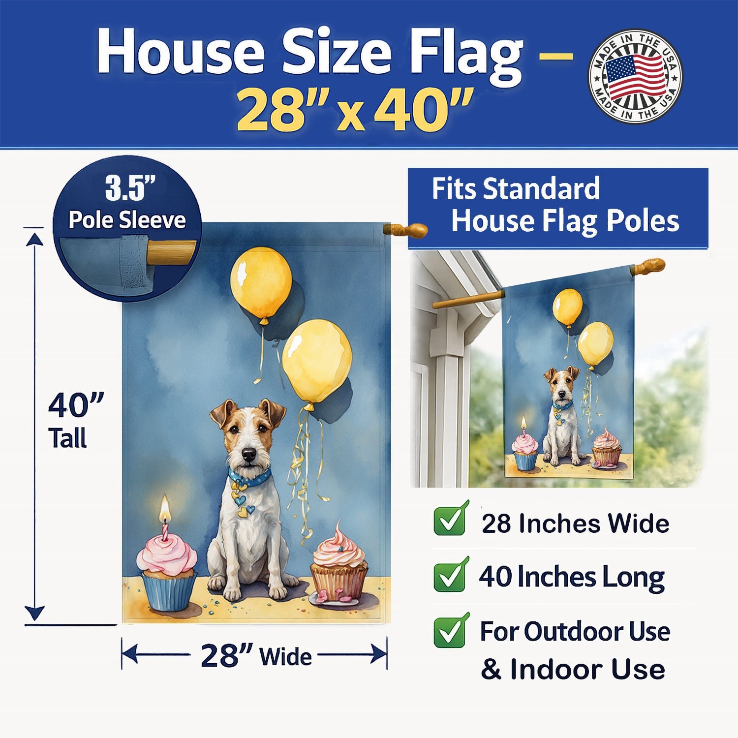 Fox Terrier Happy Birthday House Flag 28x40 Porch Sleeve Pole Decorative Outside Yard Banner Artwork Wall Hanging, Polyester