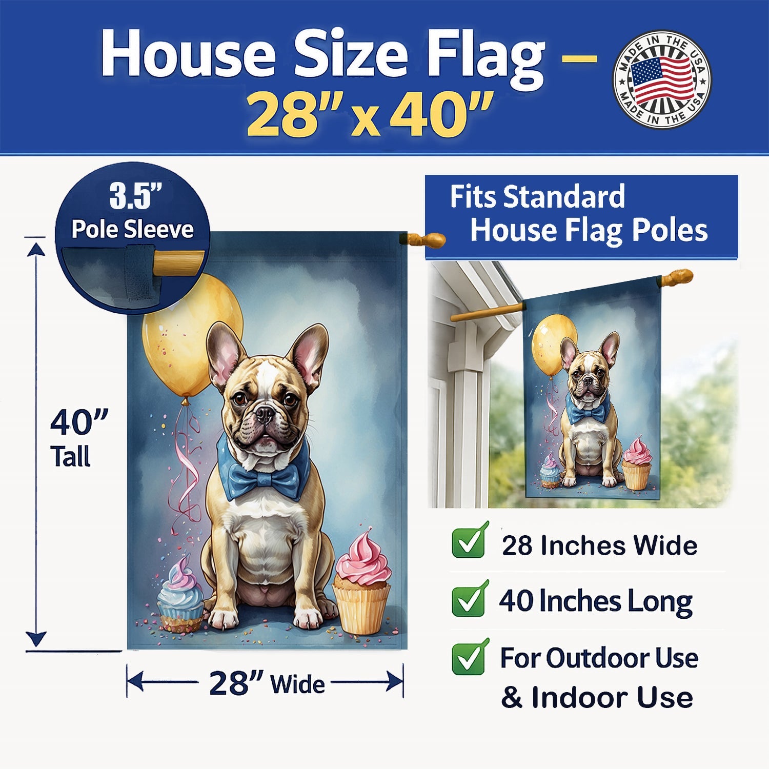 French Bulldog Happy Birthday House Flag 28x40 Porch Sleeve Pole Decorative Outside Yard Banner Artwork Wall Hanging, Polyester