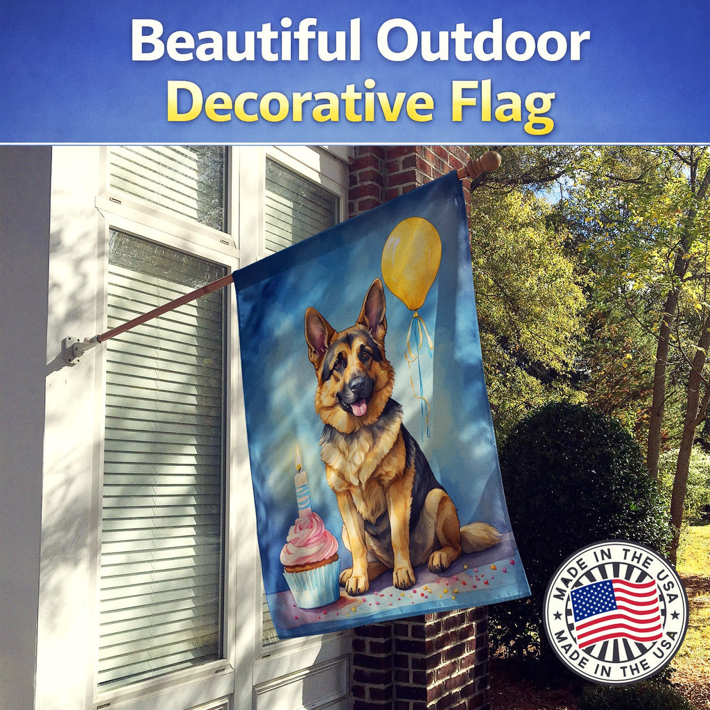 German Shepherd Happy Birthday House Flag 28x40 Porch Sleeve Pole Decorative Outside Yard Banner Artwork Wall Hanging, Polyester