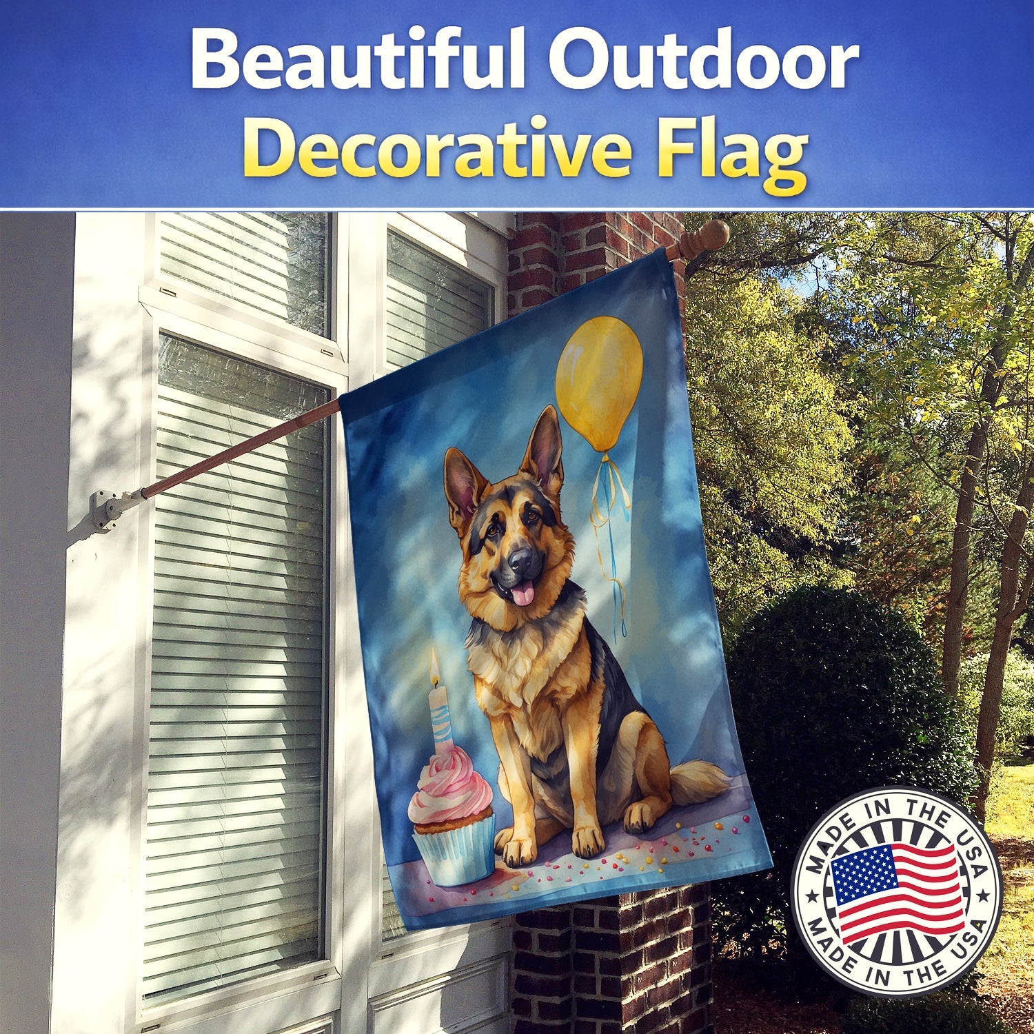 German Shepherd Happy Birthday House Flag 28x40 Porch Sleeve Pole Decorative Outside Yard Banner Artwork Wall Hanging, Polyester