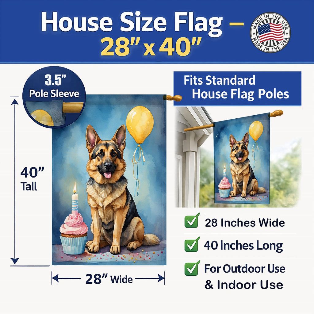 German Shepherd Happy Birthday House Flag 28x40 Porch Sleeve Pole Decorative Outside Yard Banner Artwork Wall Hanging, Polyester