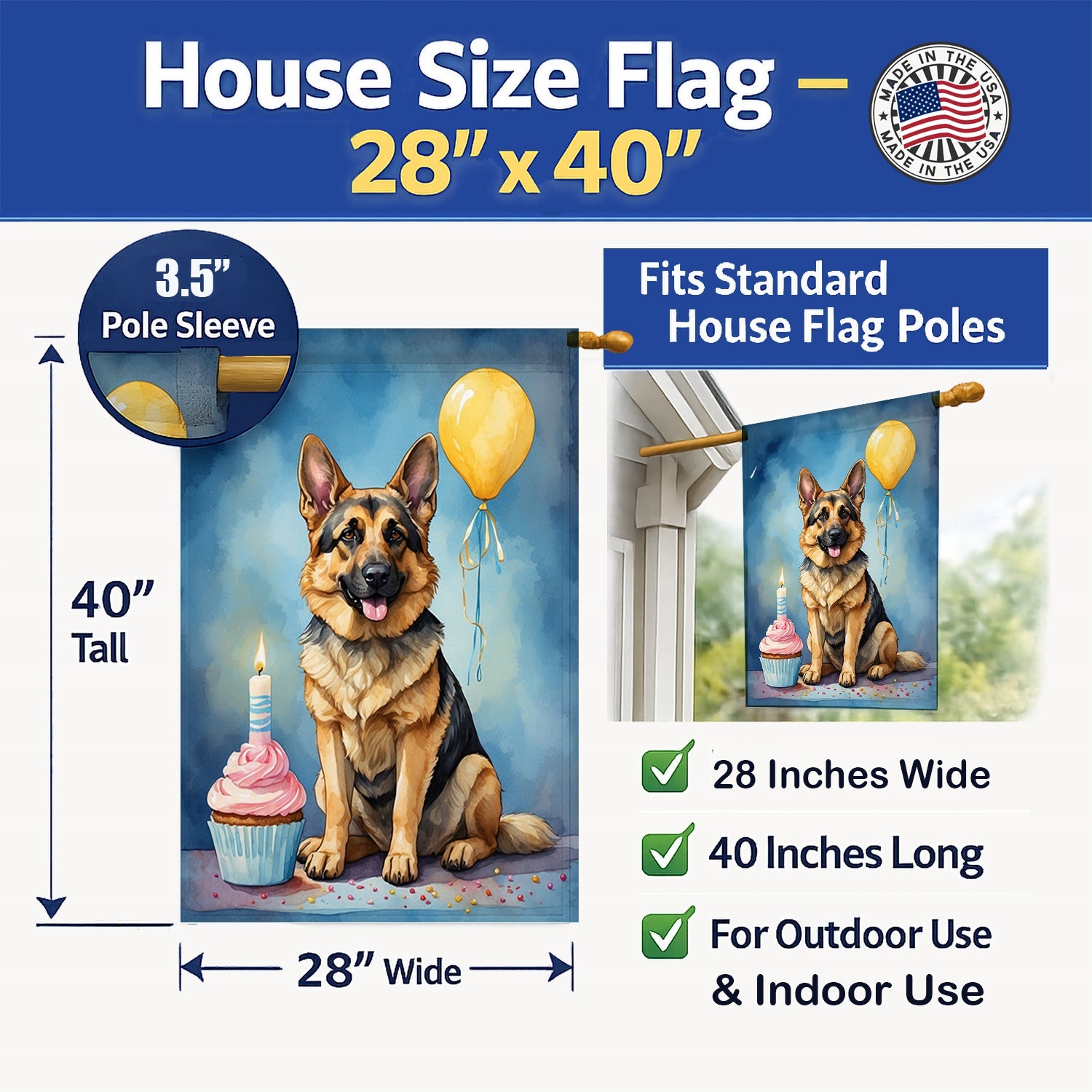 German Shepherd Happy Birthday House Flag 28x40 Porch Sleeve Pole Decorative Outside Yard Banner Artwork Wall Hanging, Polyester