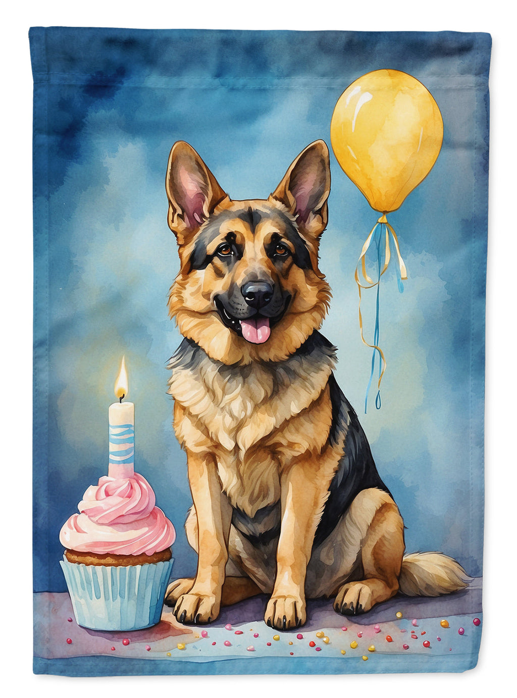 German Shepherd Happy Birthday House Flag 28x40 Porch Sleeve Pole Decorative Outside Yard Banner Artwork Wall Hanging, Polyester