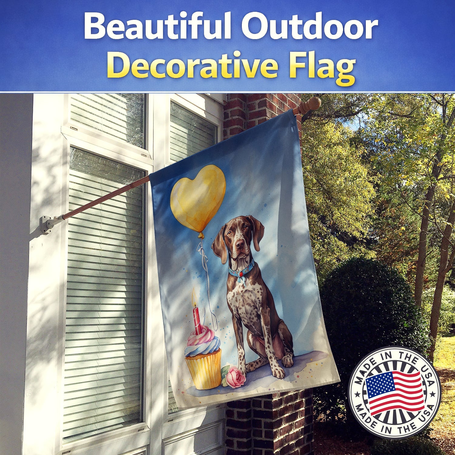 German Shorthaired Pointer Happy Birthday House Flag 28x40 Porch Sleeve Pole Decorative Outside Yard Banner Artwork Wall Hanging, Polyester