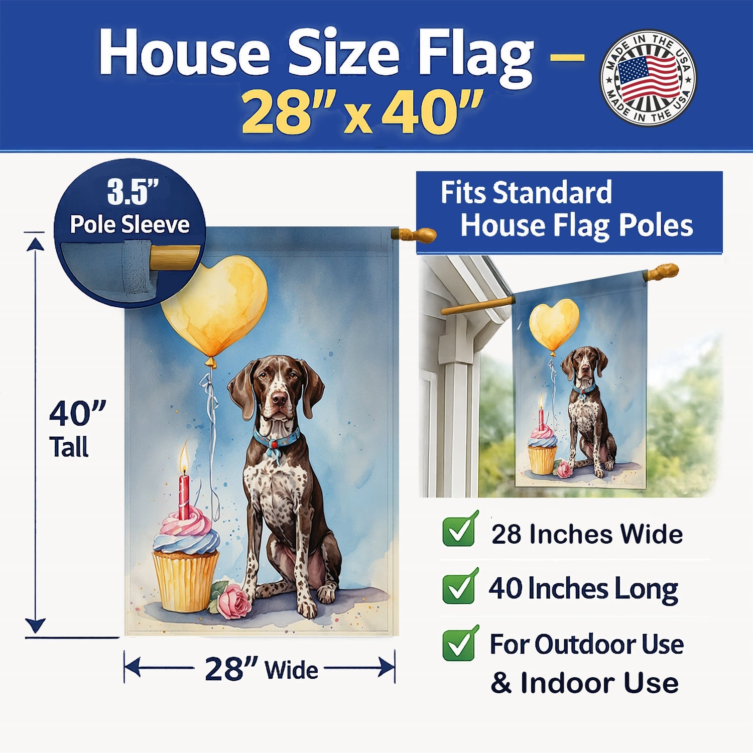 German Shorthaired Pointer Happy Birthday House Flag 28x40 Porch Sleeve Pole Decorative Outside Yard Banner Artwork Wall Hanging, Polyester