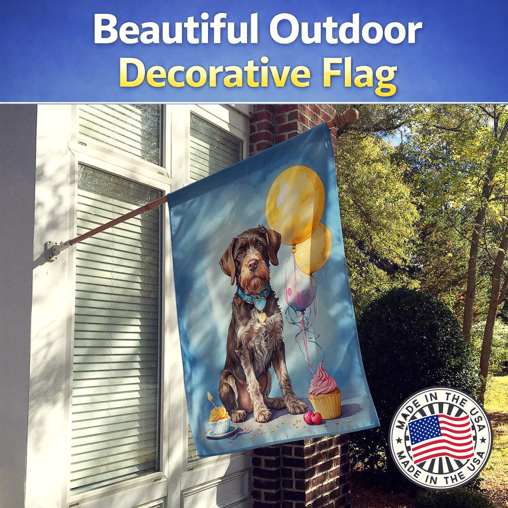 German Wirehaired Pointer Happy Birthday House Flag 28x40 Porch Sleeve Pole Decorative Outside Yard Banner Artwork Wall Hanging, Polyester