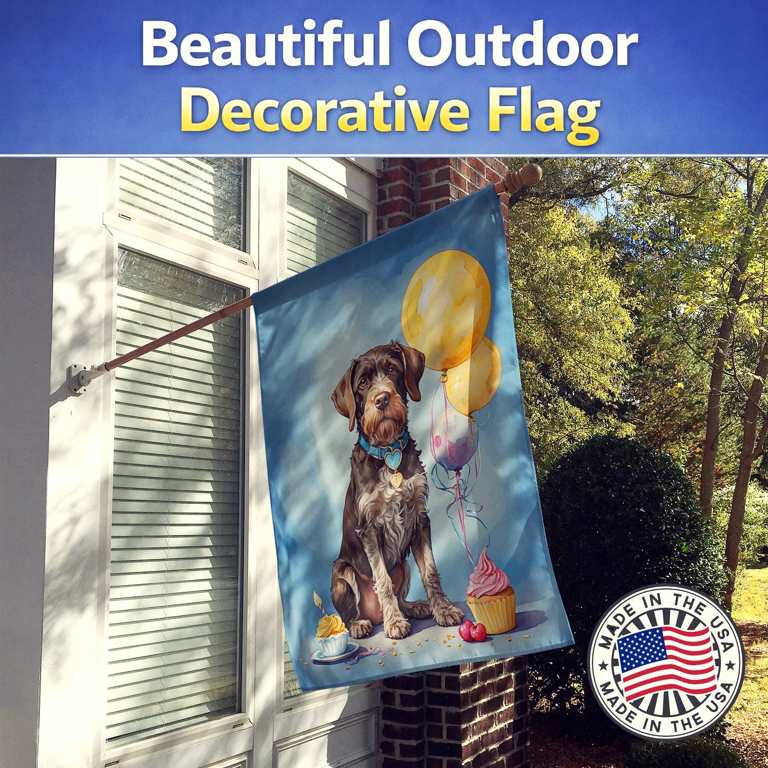 German Wirehaired Pointer Happy Birthday House Flag 28x40 Porch Sleeve Pole Decorative Outside Yard Banner Artwork Wall Hanging, Polyester