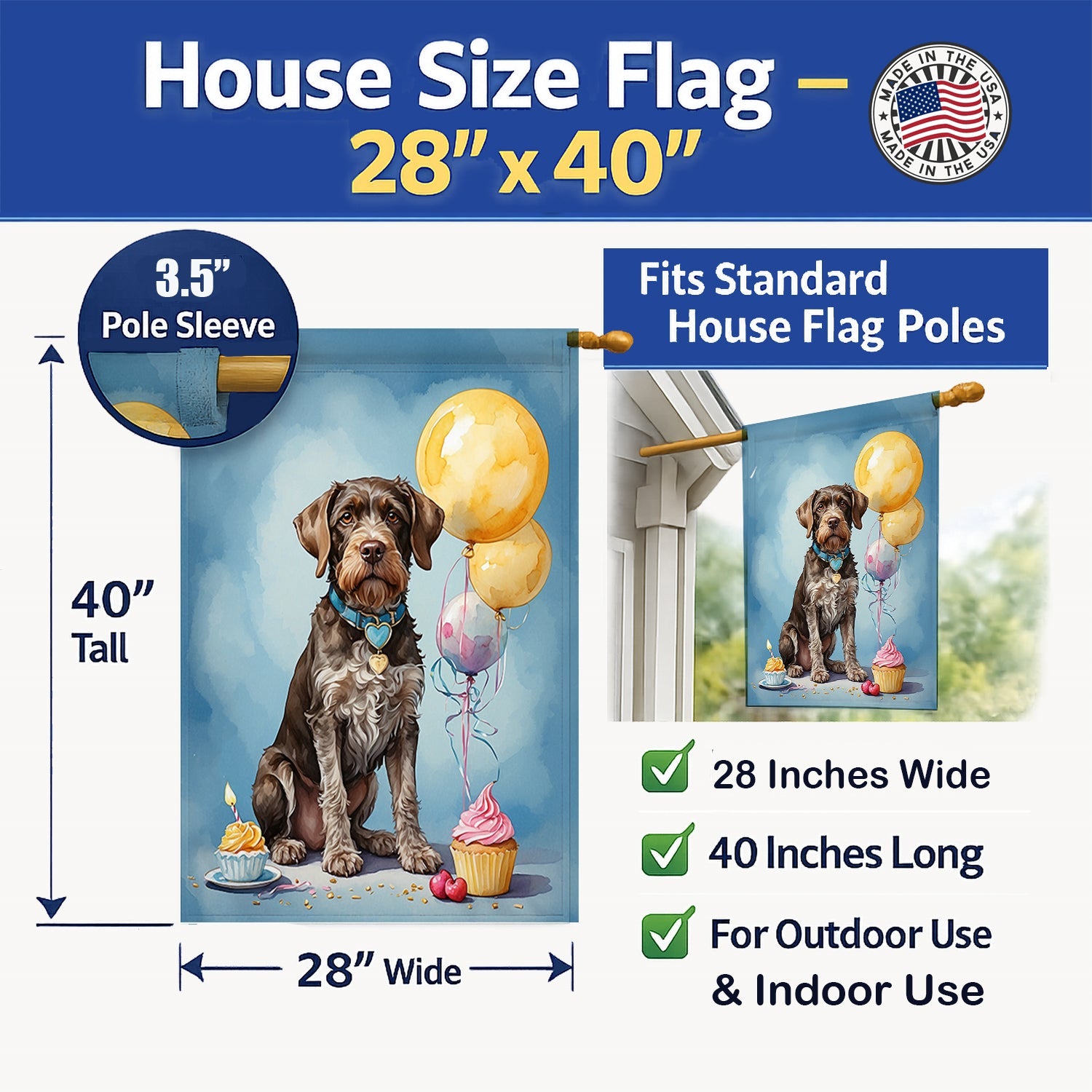 German Wirehaired Pointer Happy Birthday House Flag 28x40 Porch Sleeve Pole Decorative Outside Yard Banner Artwork Wall Hanging, Polyester