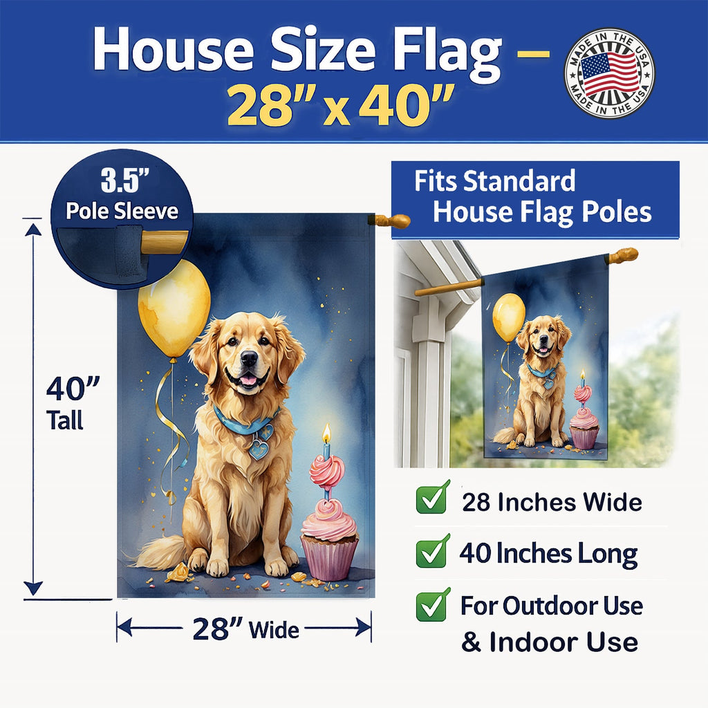 Golden Retriever Happy Birthday House Flag 28x40 Porch Sleeve Pole Decorative Outside Yard Banner Artwork Wall Hanging, Polyester