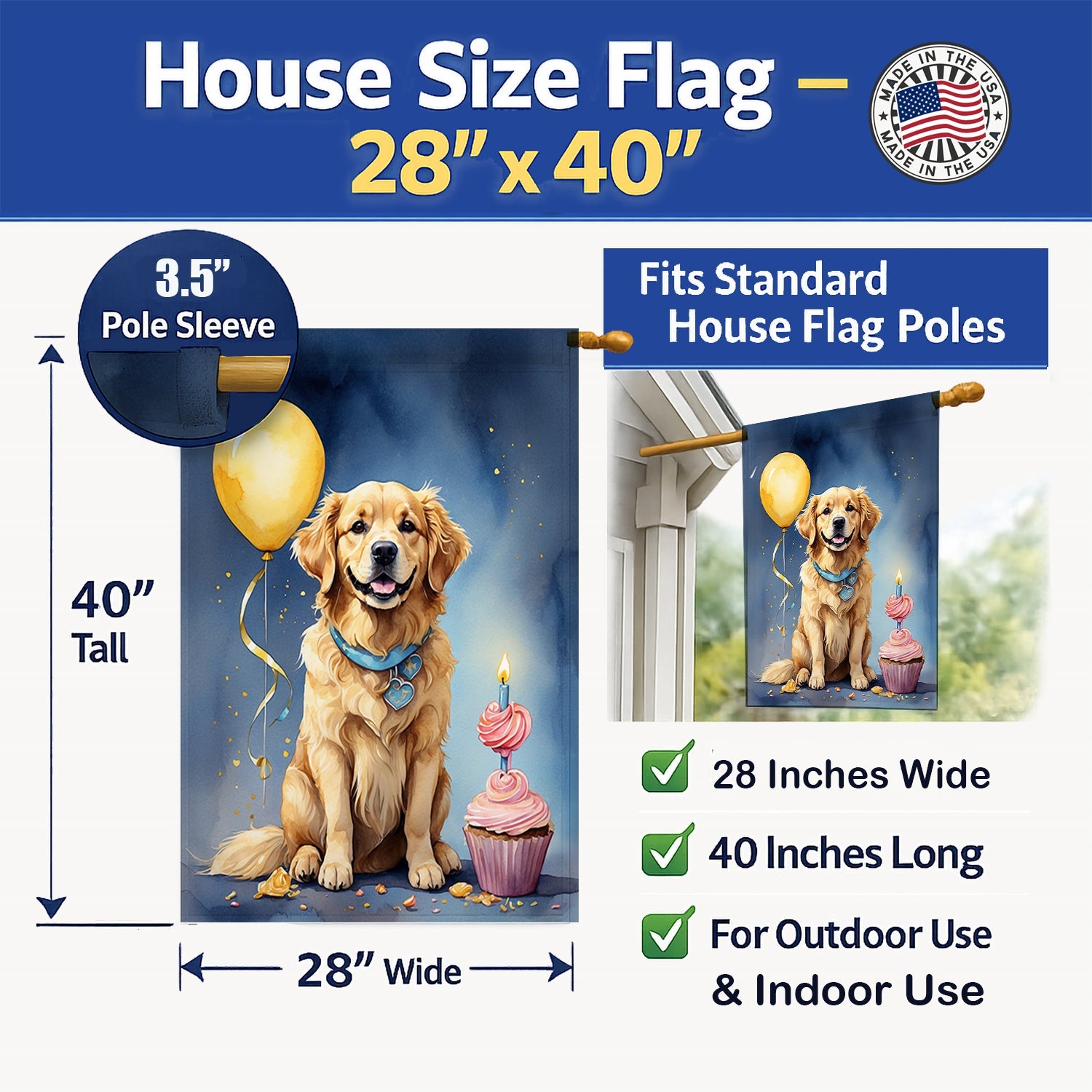 Golden Retriever Happy Birthday House Flag 28x40 Porch Sleeve Pole Decorative Outside Yard Banner Artwork Wall Hanging, Polyester