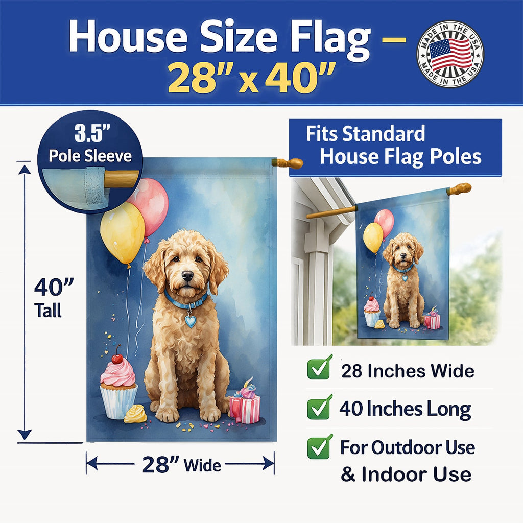Goldendoodle Happy Birthday House Flag 28x40 Porch Sleeve Pole Decorative Outside Yard Banner Artwork Wall Hanging, Polyester