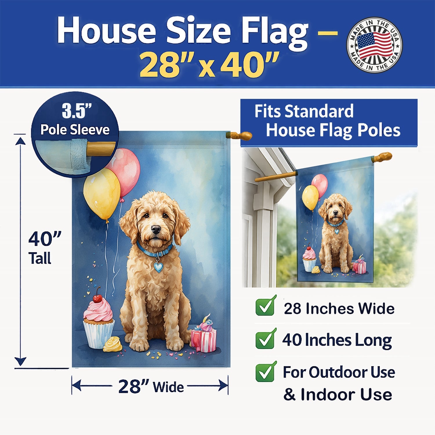 Goldendoodle Happy Birthday House Flag 28x40 Porch Sleeve Pole Decorative Outside Yard Banner Artwork Wall Hanging, Polyester