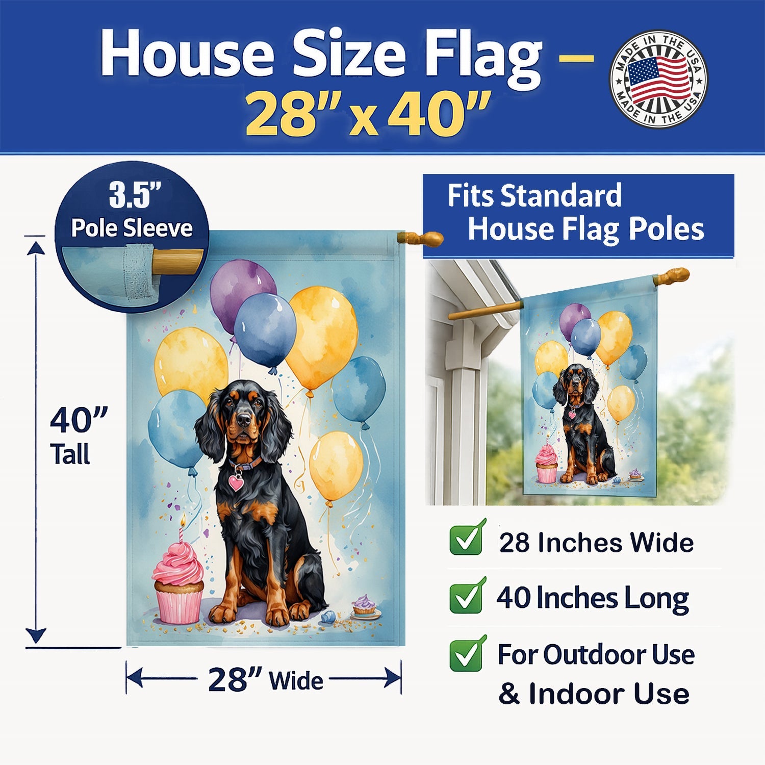 Gordon Setter Happy Birthday House Flag 28x40 Porch Sleeve Pole Decorative Outside Yard Banner Artwork Wall Hanging, Polyester