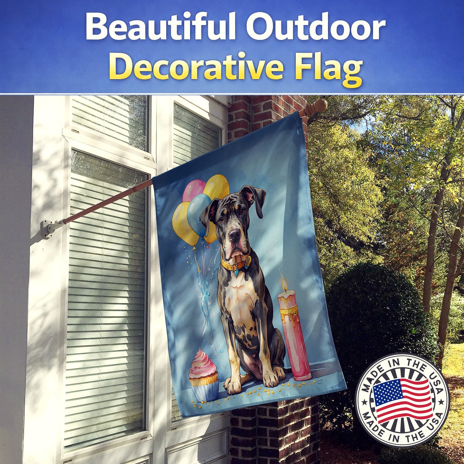 Great Dane Happy Birthday House Flag 28x40 Porch Sleeve Pole Decorative Outside Yard Banner Artwork Wall Hanging, Polyester
