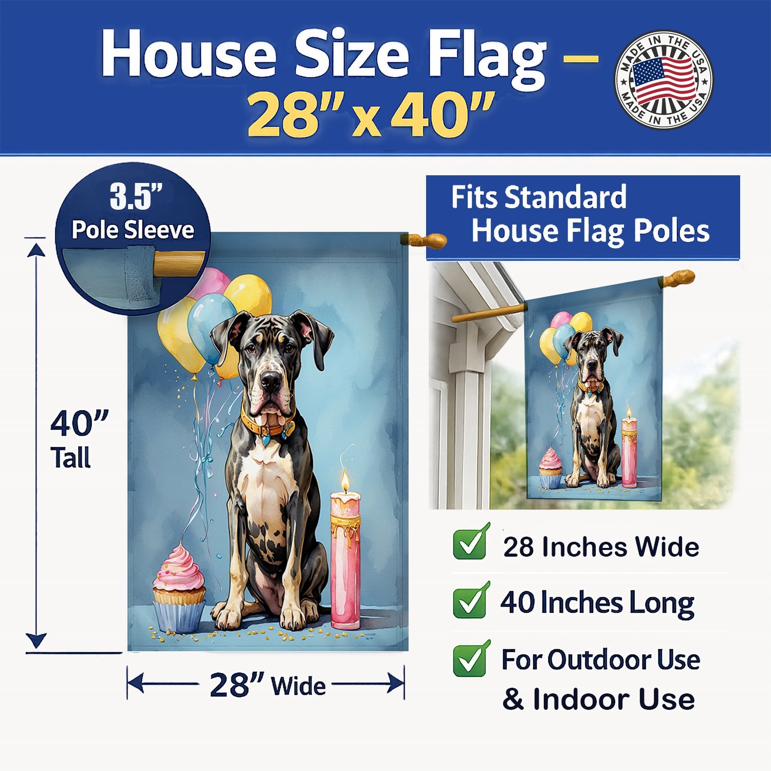 Great Dane Happy Birthday House Flag 28x40 Porch Sleeve Pole Decorative Outside Yard Banner Artwork Wall Hanging, Polyester