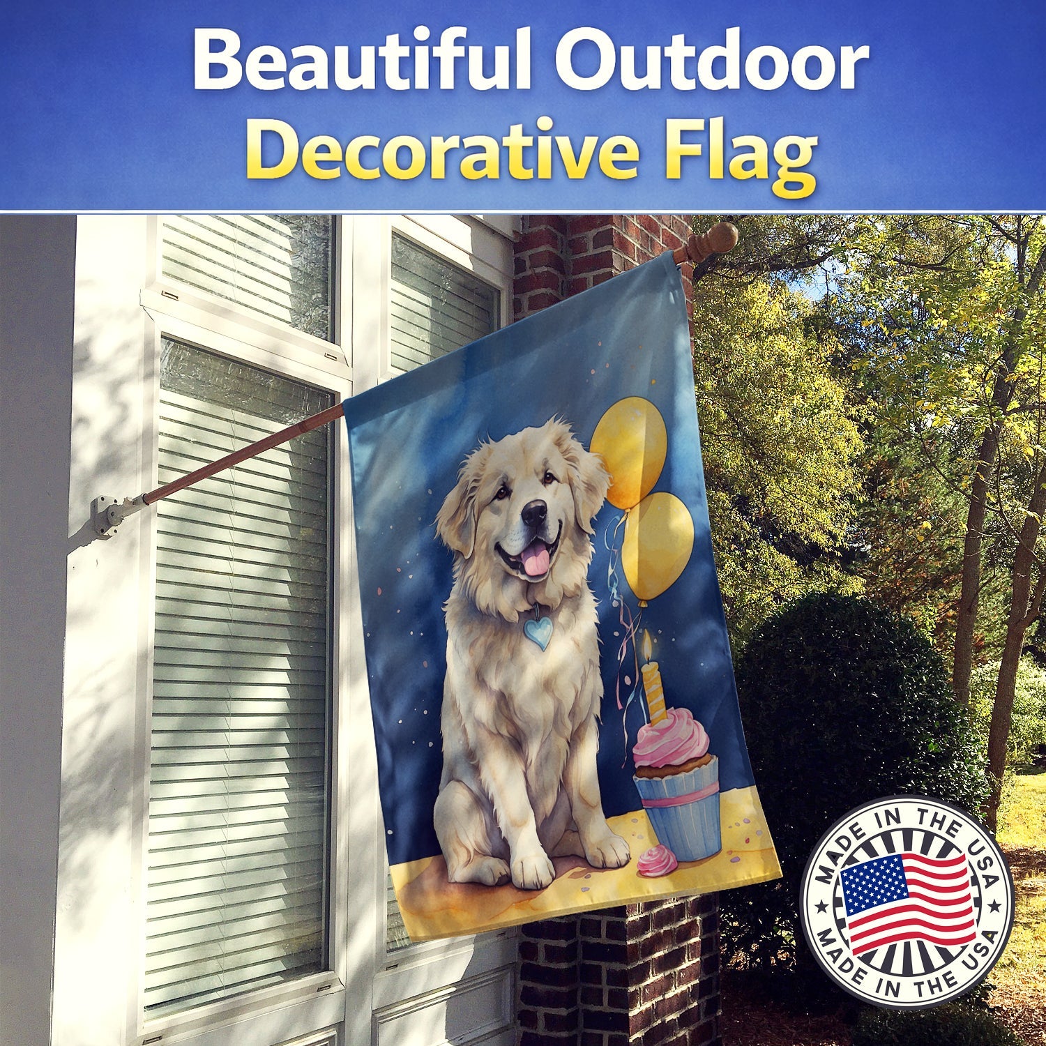 Great Pyrenees Happy Birthday House Flag 28x40 Porch Sleeve Pole Decorative Outside Yard Banner Artwork Wall Hanging, Polyester