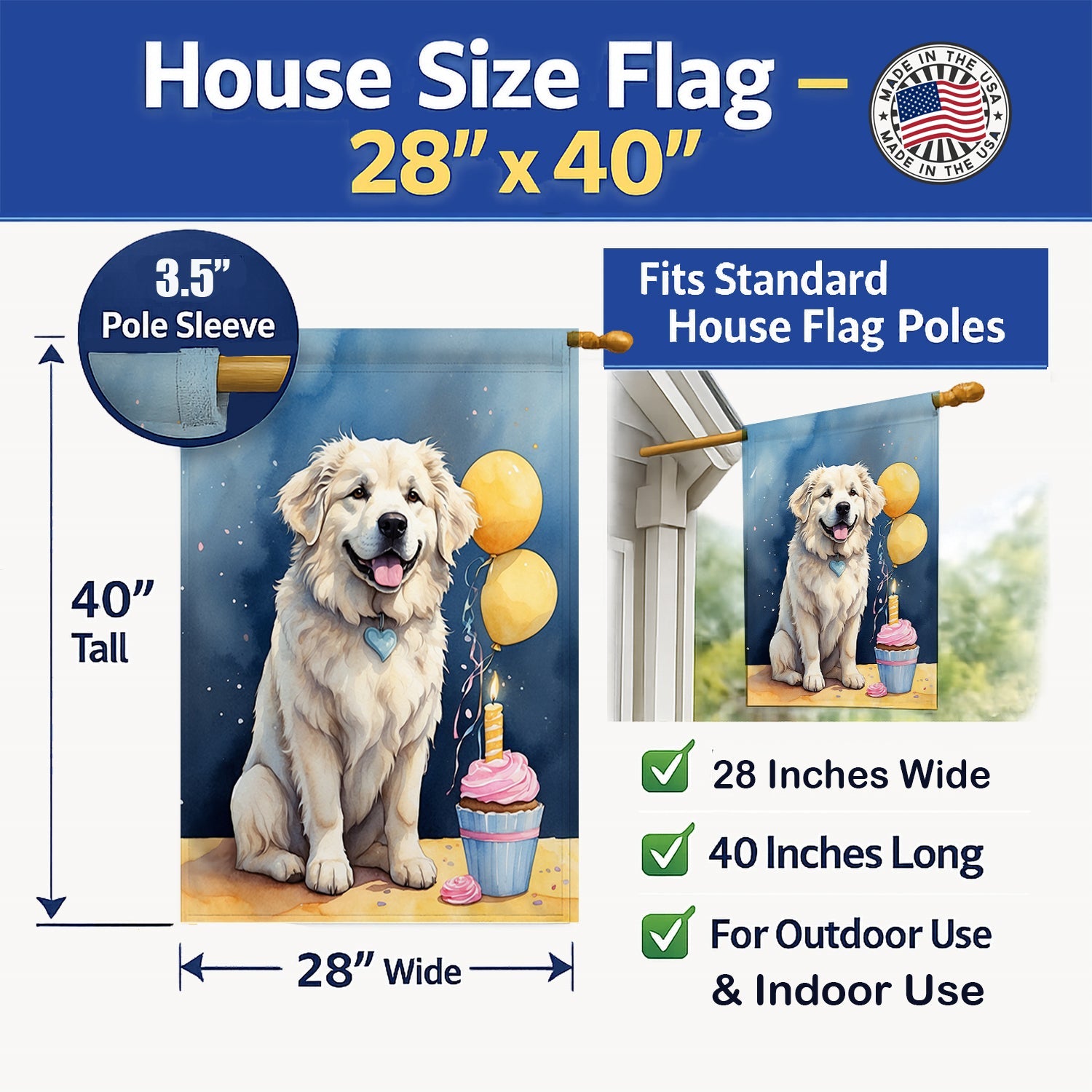 Great Pyrenees Happy Birthday House Flag 28x40 Porch Sleeve Pole Decorative Outside Yard Banner Artwork Wall Hanging, Polyester