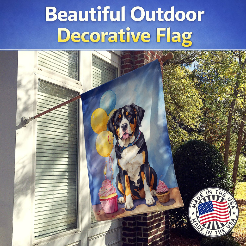 Greater Swiss Mountain Dog Happy Birthday House Flag 28x40 Porch Sleeve Pole Decorative Outside Yard Banner Artwork Wall Hanging, Polyester