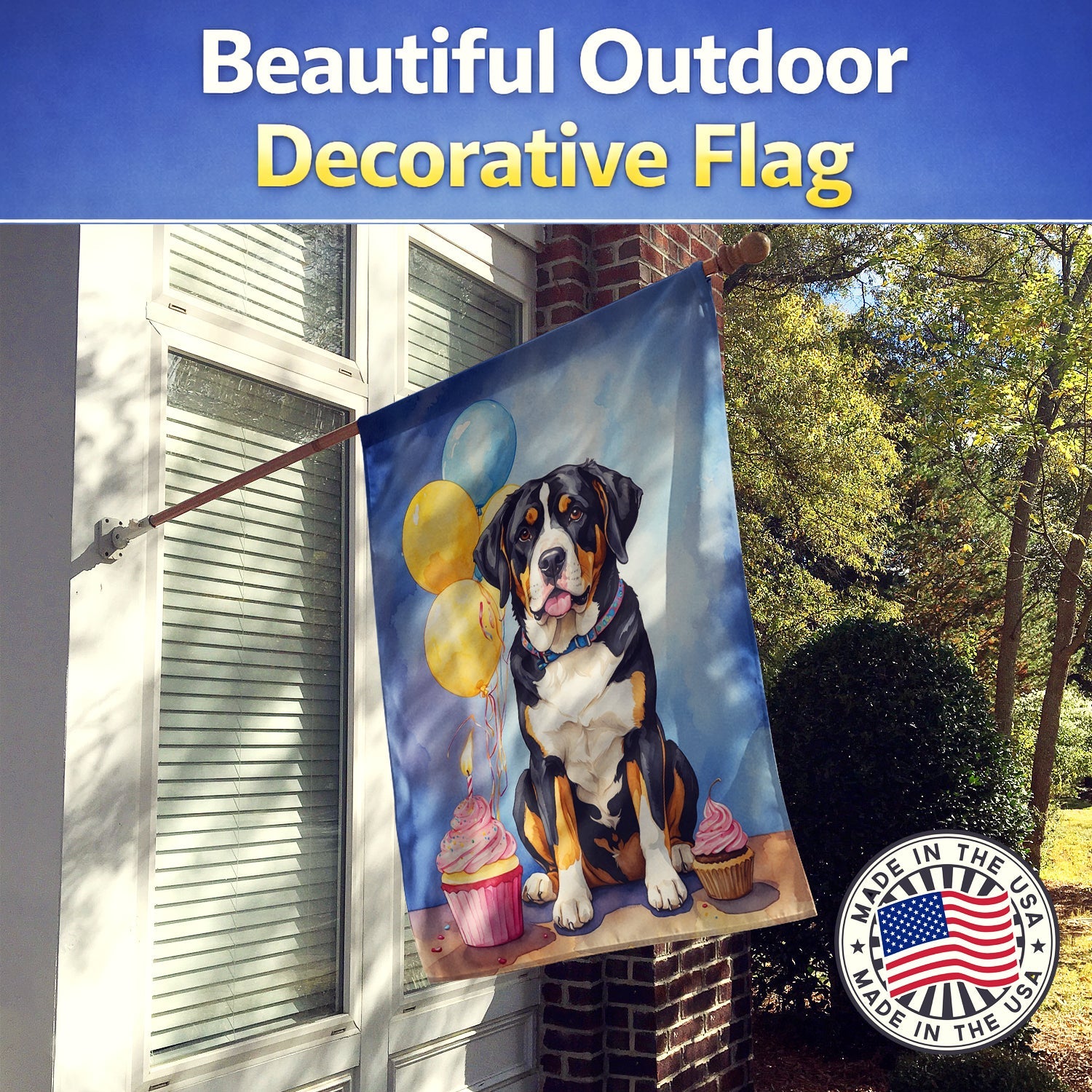 Greater Swiss Mountain Dog Happy Birthday House Flag 28x40 Porch Sleeve Pole Decorative Outside Yard Banner Artwork Wall Hanging, Polyester