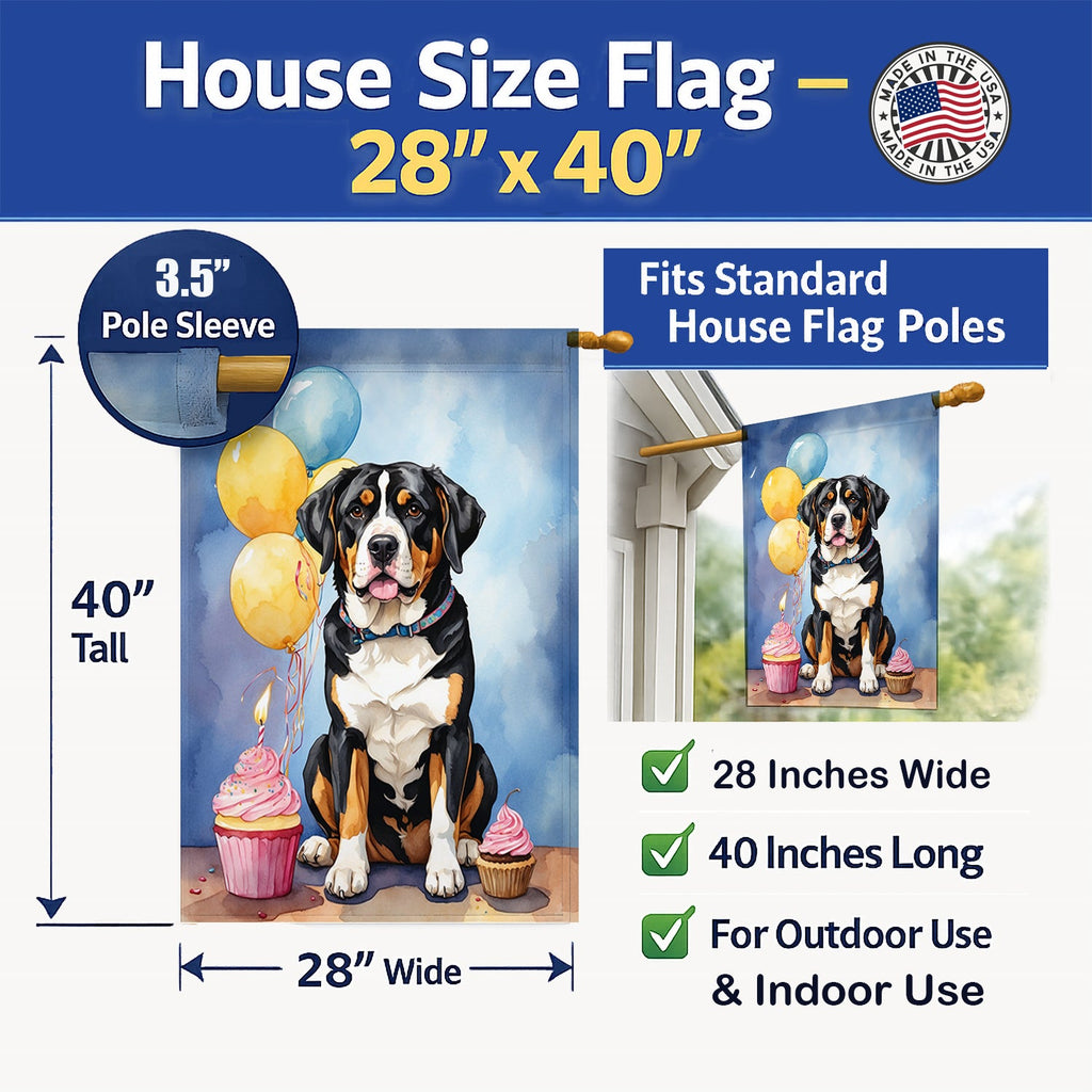 Greater Swiss Mountain Dog Happy Birthday House Flag 28x40 Porch Sleeve Pole Decorative Outside Yard Banner Artwork Wall Hanging, Polyester
