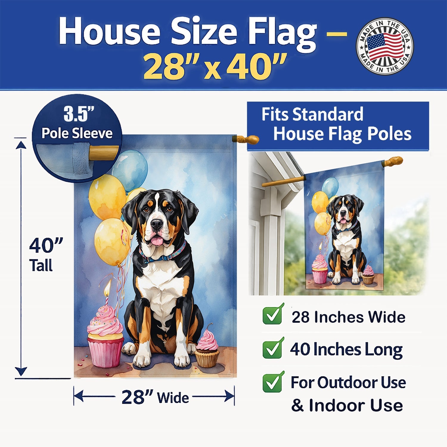 Greater Swiss Mountain Dog Happy Birthday House Flag 28x40 Porch Sleeve Pole Decorative Outside Yard Banner Artwork Wall Hanging, Polyester