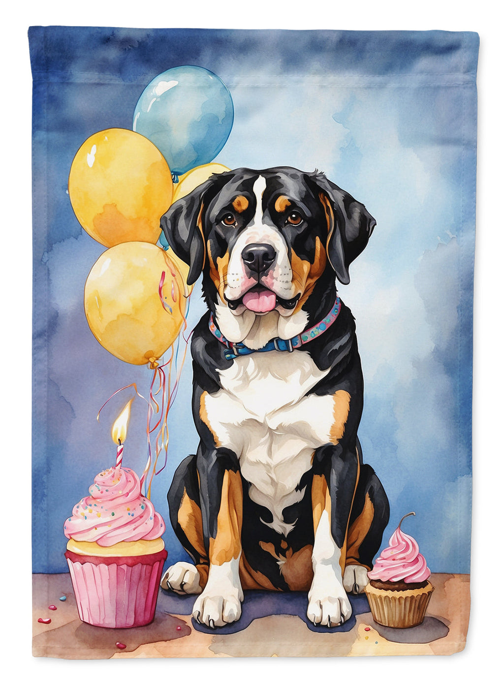 Greater Swiss Mountain Dog Happy Birthday House Flag 28x40 Porch Sleeve Pole Decorative Outside Yard Banner Artwork Wall Hanging, Polyester