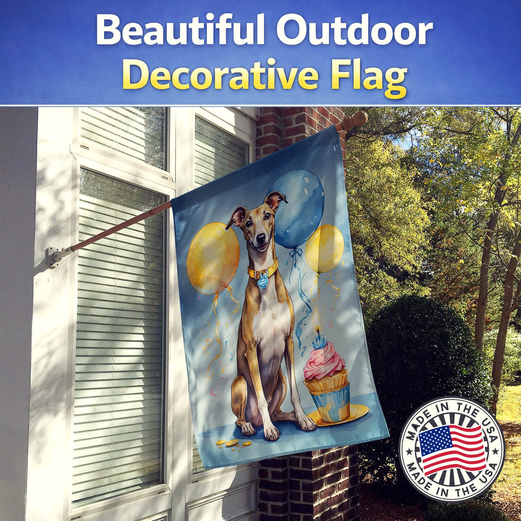 Greyhound Happy Birthday House Flag 28x40 Porch Sleeve Pole Decorative Outside Yard Banner Artwork Wall Hanging, Polyester