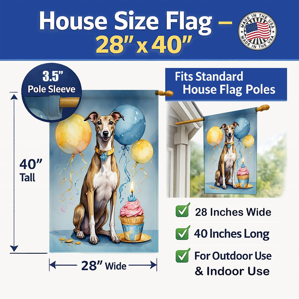 Greyhound Happy Birthday House Flag 28x40 Porch Sleeve Pole Decorative Outside Yard Banner Artwork Wall Hanging, Polyester