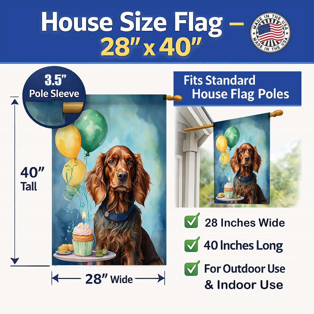Irish Setter Happy Birthday House Flag 28x40 Porch Sleeve Pole Decorative Outside Yard Banner Artwork Wall Hanging, Polyester
