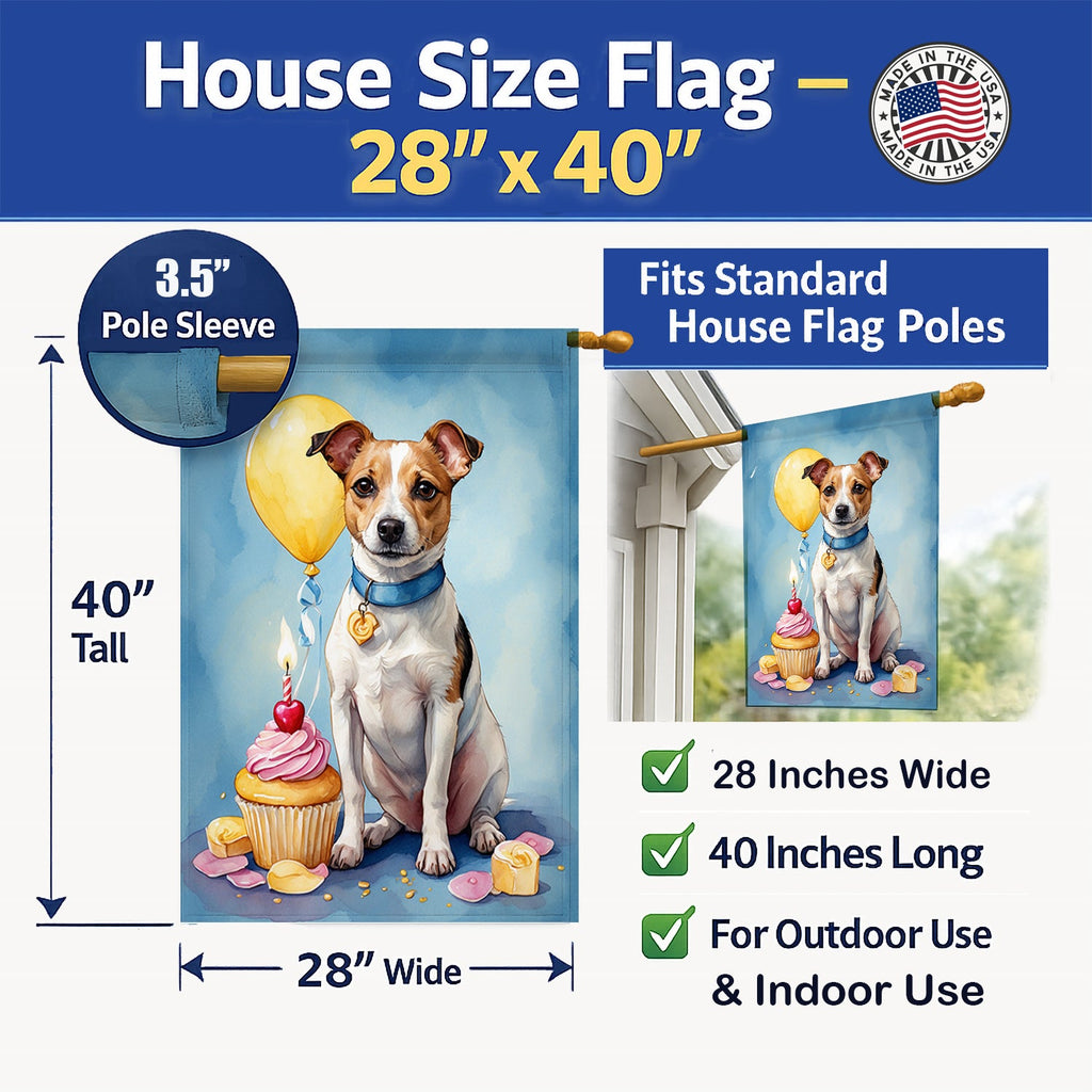 Jack Russell Terrier Happy Birthday House Flag 28x40 Porch Sleeve Pole Decorative Outside Yard Banner Artwork Wall Hanging, Polyester