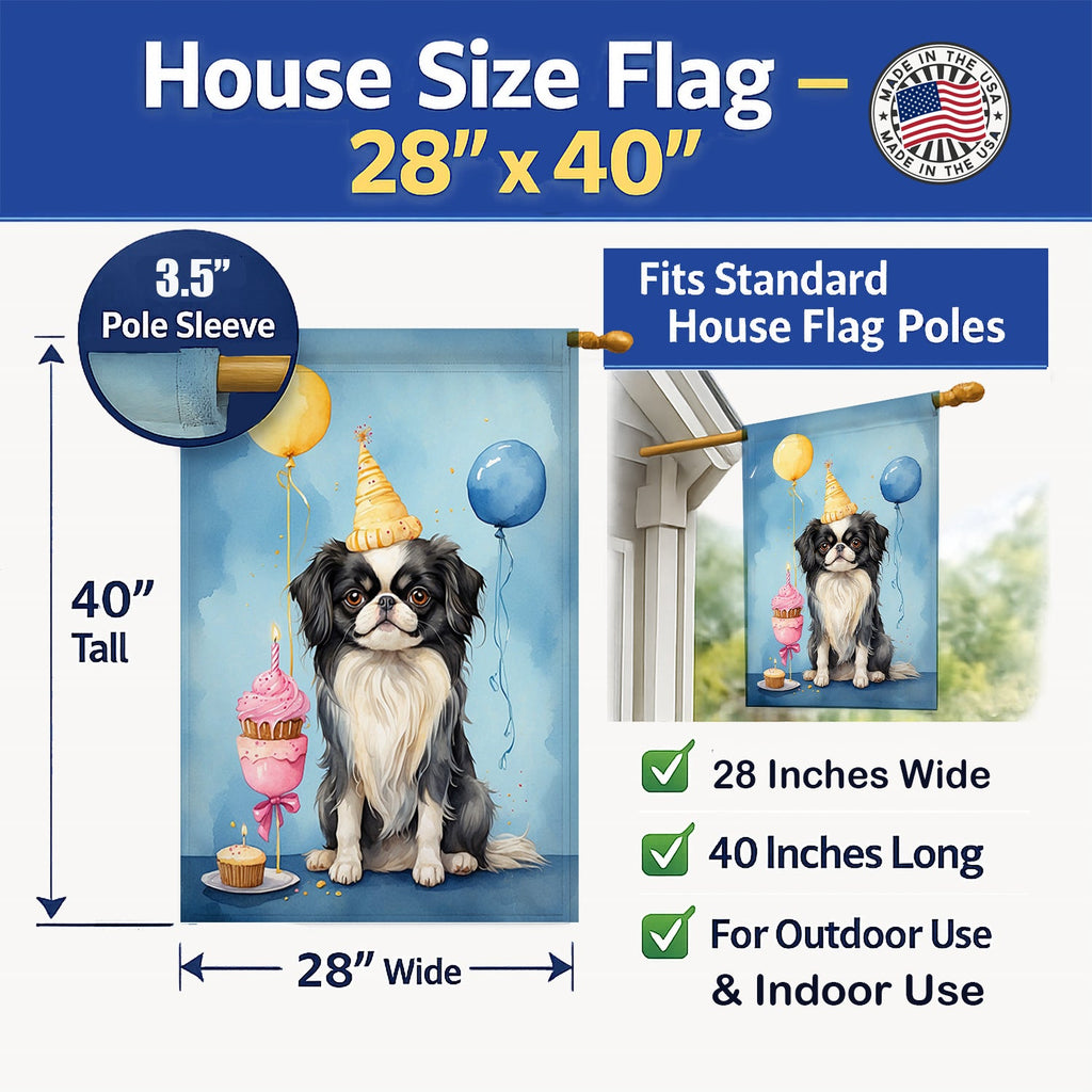Japanese Chin Happy Birthday House Flag 28x40 Porch Sleeve Pole Decorative Outside Yard Banner Artwork Wall Hanging, Polyester