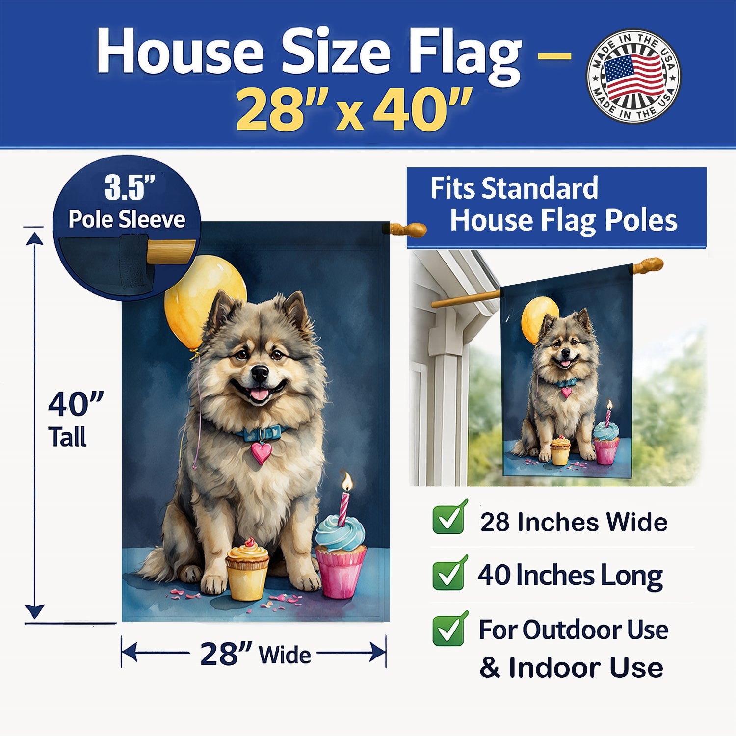 Keeshond Happy Birthday House Flag 28x40 Porch Sleeve Pole Decorative Outside Yard Banner Artwork Wall Hanging, Polyester