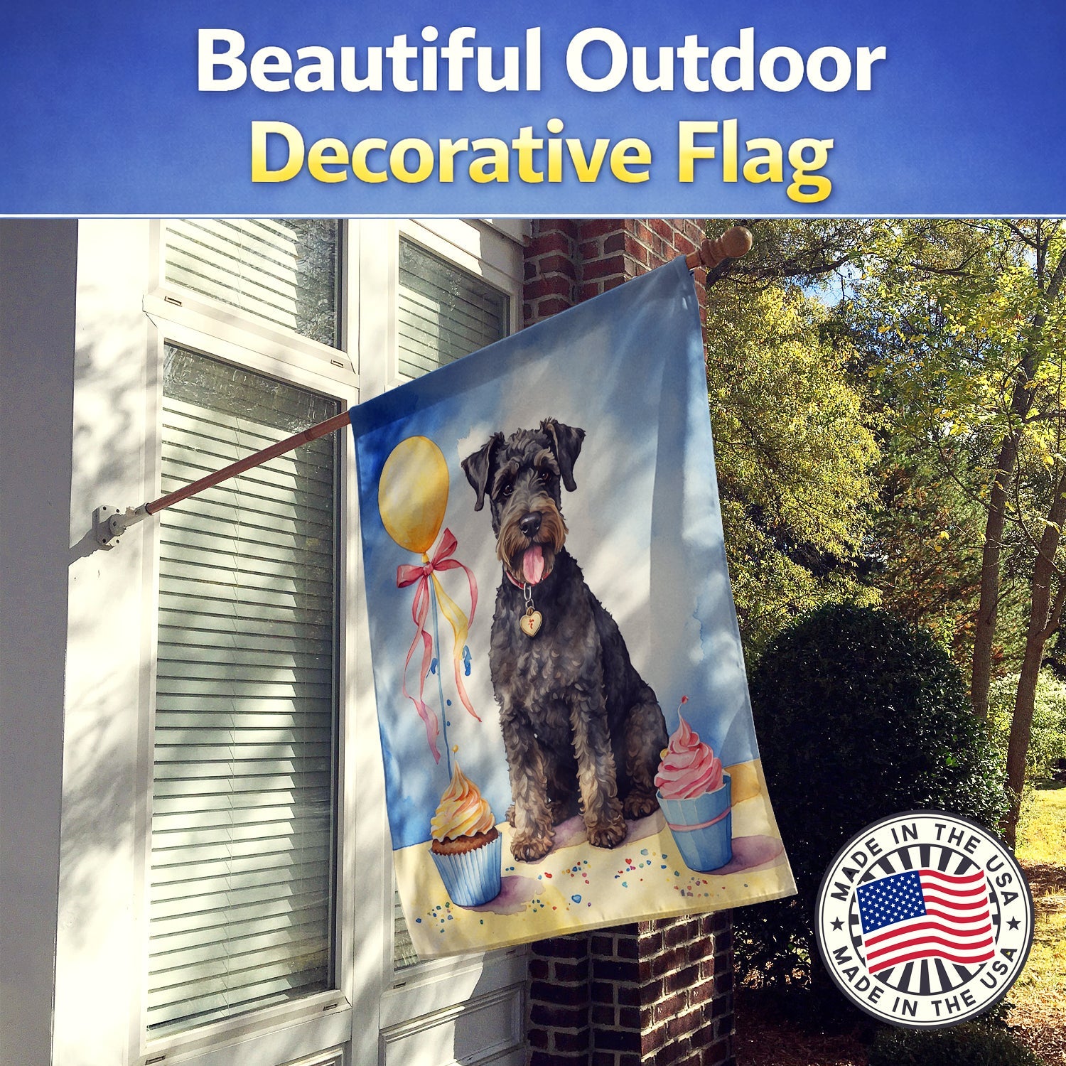 Kerry Blue Terrier Happy Birthday House Flag 28x40 Porch Sleeve Pole Decorative Outside Yard Banner Artwork Wall Hanging, Polyester